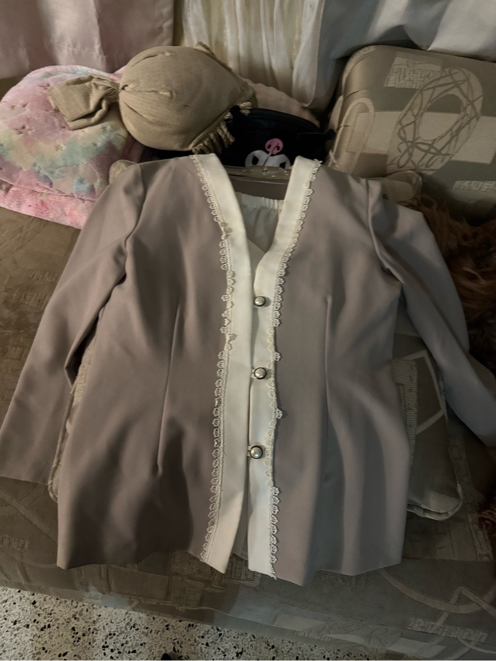 Vintage Taupe Blazer with Cream Trim